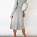 High Waisted Long Sleeves Solid Color Tied Waist Round-Neck Midi Dresses Sweater Dresses