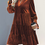 A-Line Long Sleeves Pleated Solid Color Velvet V-Neck Mini Dresses