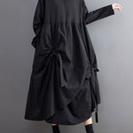 A-Line Long Sleeves Buttoned Pleated Pockets Solid Color Tied Lapel Midi Dresses Shirt Dress