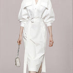 Long Sleeves Loose See-Through Split-Joint Split-Side Tied Waist V-Neck Midi Dresses Shirt Dress
