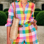 Long Sleeves Loose Rainbow Plaid Split-Joint Lapel Blouses&Shirts Tops