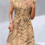 A-Line Loose Printed Tied Waist V-Neck Mini Dresses