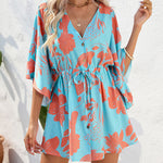 A-Line Half Sleeves Buttoned Drawstring Flower Print V-Neck Mini Dresses