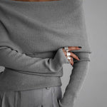 Long Sleeves Loose Solid Color Off-The-Shoulder Pullovers Sweater Tops