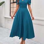 A-Line High Waisted Pleated Solid Color Zipper V-Neck Maxi Dresses