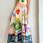 Feel Effortlessly Linen Blend Unique Print Smocked Back Midi Dress
