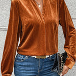 Gold Flame Frilled V Neck Velvet Blouse