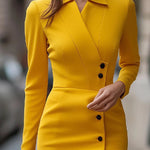 Bodycon High-Low Buttoned Solid Color Lapel Midi Dresses
