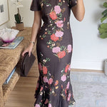 Crewneck Short Sleeves Floral Print Ruffle Hem Midi Dress