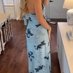 Margovil Halter Sleeveless Floral Print Mesh Maxi Dress