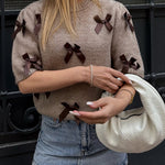 Crewneck Short Sleeves Bow Decorative Sweater Top