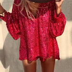 Margovil Sequin V Neck Lantern Long Sleeves Top and Shorts Set