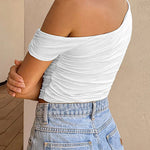 Margovil Asymmetrical Shoulder Ruched Crop Top