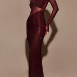 Margovil Off Shoulder Long Sleeves Mesh Splice Sequin Maxi Party Dress