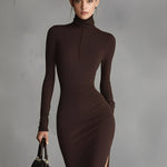 Women's Brown Stretch Fabric Chic Turtleneck Bodycon Slit Dress