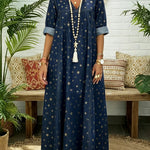 A-Line Long Sleeves Pleated Pockets Printed Split-Joint V-Neck Maxi Dresses