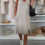 Solid Color V-Neck Sleeveless Casual Pocket Knitted Midi Dress