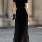 Short Sleeve Floor-Length Dress With Sheer Flowing Skirt