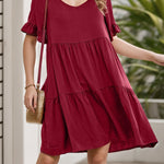 A-Line Flared Sleeves Pleated Pockets Ruffled Solid Color Split-Joint Round-Neck Mini Dresses