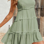 A-Line Loose Jacquard Layered Pleated Solid Color Split-Joint Spaghetti-Neck Mini Dresses