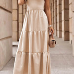 Oatmeal Crossover Backless Bodice Tiered Maxi Dress