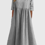 A-Line Half Sleeves Pleated Pockets Solid Color Round-Neck Midi Dresses