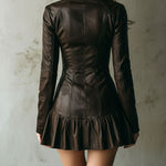 Brown Eco Leather Fitted Zip-Up Mini Dress With Flared Hem