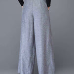 Loose Wide Leg Buttoned No Belt Pleated Pockets Solid Color Split-Joint Pants Trousers