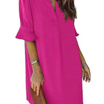 A-Line Flared Sleeves Pleated Ruffled Solid Color Split-Joint V-Neck Mini Dresses