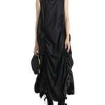 Loose Sleeveless Asymmetric Elasticity Pleated Solid Color Round-Neck Midi Dresses