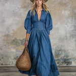 Stylish Blue Denim V-neck Button-down  With Flared Hem Maxi Dress