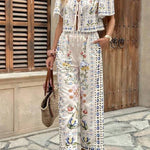 Bohemian Floral Print Tie Front Crop Top & Wide Leg Pants Two-Piece Set