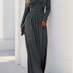 A-Line High Waisted Pleated Solid Color Split-Side V-Neck Maxi Dresses