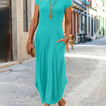 A-line Loose Pockets Solid Color Split-Joint Round-neck Midi Dresses