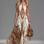 Vintage Bohemia Halter Neck Brown Western Print Off White Chiffon Split Maxi Dress