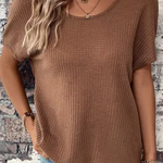 Brown Casual Drawstring Twisted Back Waffle T Shirt