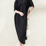 Stylish Irregularity Loose Pleated Solid Color Round-Neck Midi Dresses