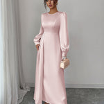 A-Line Elasticated Waist Asymmetric Pleated Solid Color Split-Joint Round-Neck Maxi Dresses
