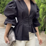 High-Low Puff Sleeves Asymmetric Buttoned Solid Color Deep V-Neck Blouses&Shirts Tops
