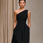 Women's Elegant Black Stretchy Knit Sleeveless One-shoulder Top And Wide-leg Pants Set MDZ0515A4AN