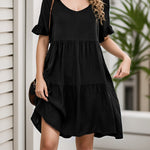 A-Line Flared Sleeves Pleated Pockets Ruffled Solid Color Split-Joint Round-Neck Mini Dresses