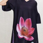A-Line Flared Sleeves Flower Print Pleated V-Neck Maxi Dresses