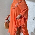 Batwing Sleeves Loose Hollow Solid Color Sun Protection Tasseled Round-Neck Cover-Ups Tops Midi Dresses