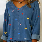 Women'S Casual Color-Block Denim Top With Heart Embroidery