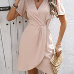 A-Line Short Sleeves Pleated Solid Color Split-Joint Zipper V-Neck Mini Dresses