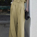 Loose Wide Leg Belted Pleated Solid Color Casual Pants Bottoms