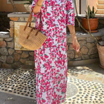 Floral mid-length sleeve V-neck slit long dress