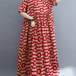 Loose Short Sleeves Plaid Round-Neck Midi Dresses