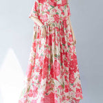 A-line Batwing Sleeves Flower Print Pleated Split-Joint Round-neck Midi Dresses