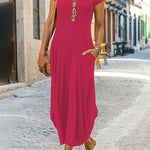 A-line Loose Pockets Solid Color Split-Joint Round-neck Midi Dresses